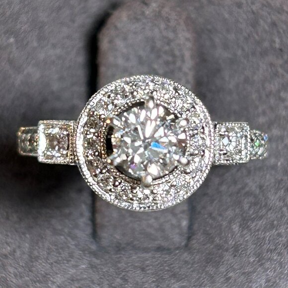 18K White Gold Natural Diamond Engagement Ring Halo Design Filigree Shoulders Ri - Picture 2 of 16